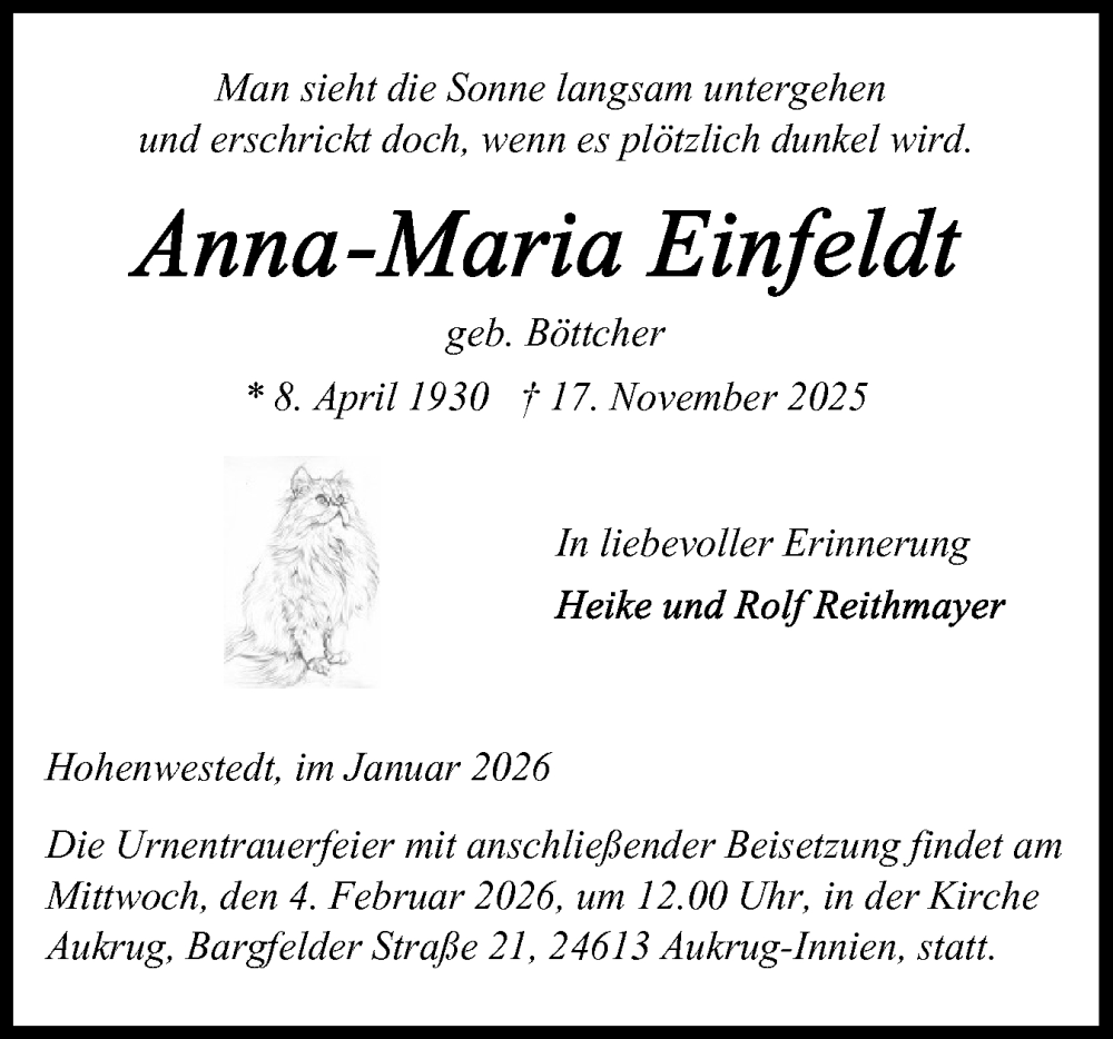  Traueranzeige für Anna-Maria Einfeldt vom 31.01.2026 aus Schleswig-Holsteinische Landeszeitung