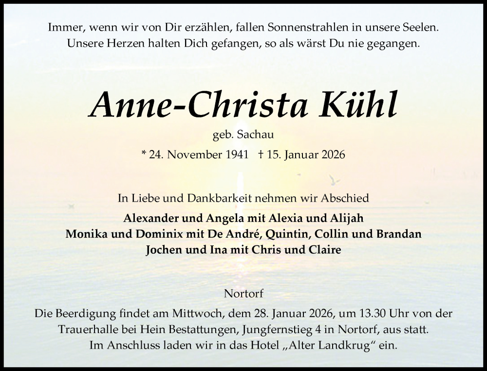  Traueranzeige für Anne-Christa Kühl vom 24.01.2026 aus Schleswig-Holsteinische Landeszeitung