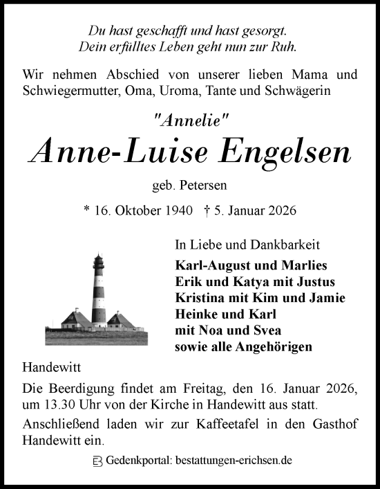 Traueranzeige von Anne-Luise Engelsen von Region Flensburg