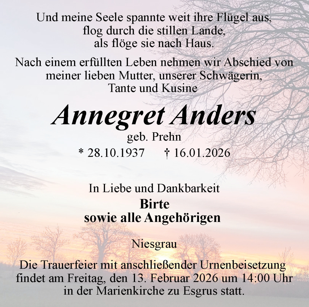  Traueranzeige für Annegret Anders vom 31.01.2026 aus Flensburger Tageblatt