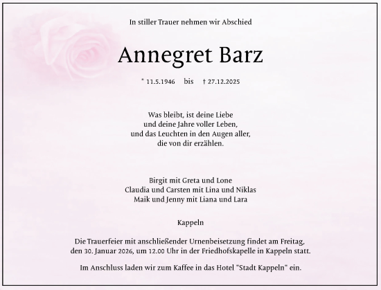 Traueranzeige von Annegret Barz von Flensburger Tageblatt, Schleswiger Nachrichten, Schlei-Bote