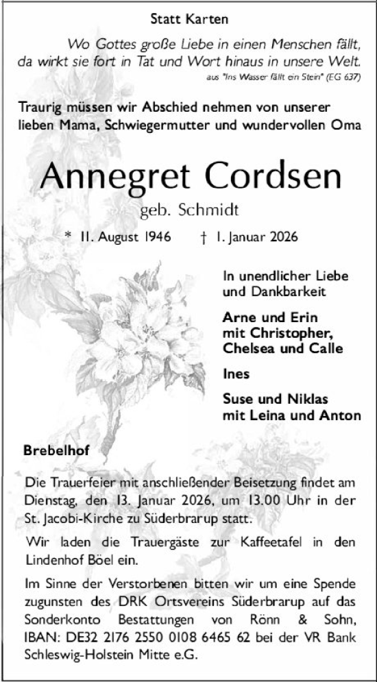 Traueranzeige von Annegret Cordsen von Schleswiger Nachrichten, Schlei-Bote