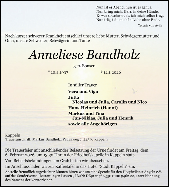 Traueranzeige von Anneliese Bandholz von Schleswiger Nachrichten, Schlei-Bote