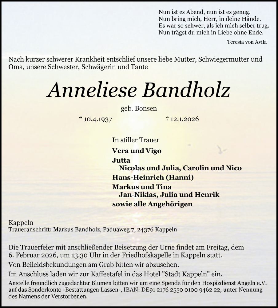  Traueranzeige für Anneliese Bandholz vom 17.01.2026 aus Schleswiger Nachrichten, Schlei-Bote