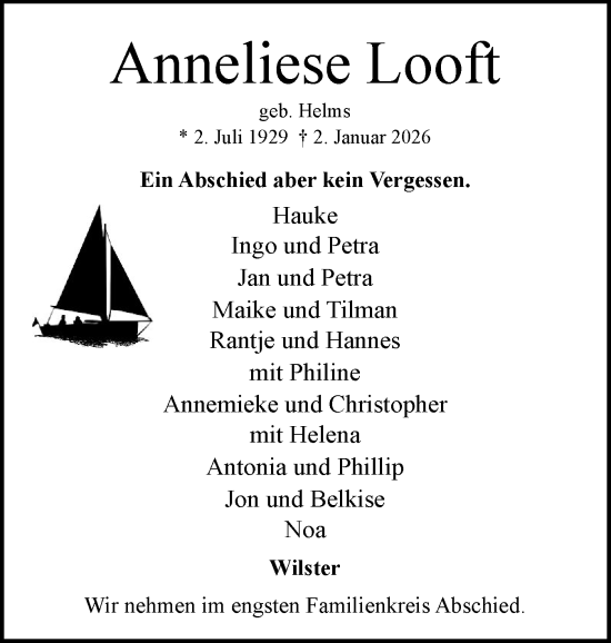 Traueranzeige von Anneliese Looft von Norddeutsche Rundschau, Wilstersche Zeitung, Glückstädter Fortuna