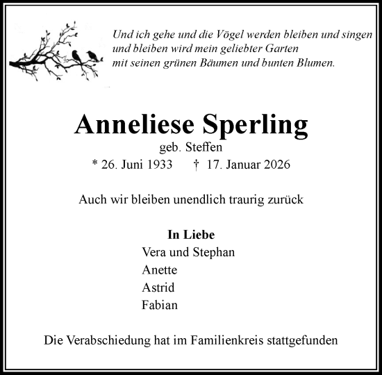 Traueranzeige von Anneliese Sperling von MARKT Ahrensburg/Bargteheide/Trittau und Stormarner Tageblatt