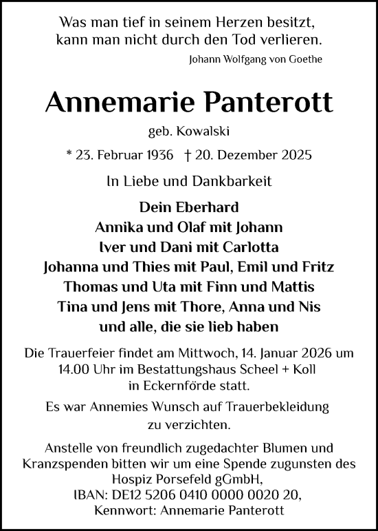 Traueranzeige von Annemarie Panterott von Eckernförder Zeitung