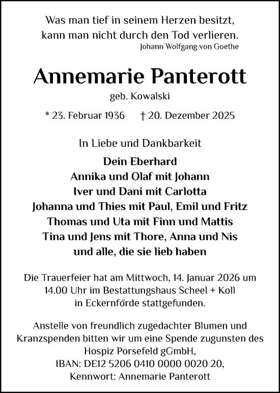 Traueranzeige von Annemarie Panterott von Hallo Eckernförde