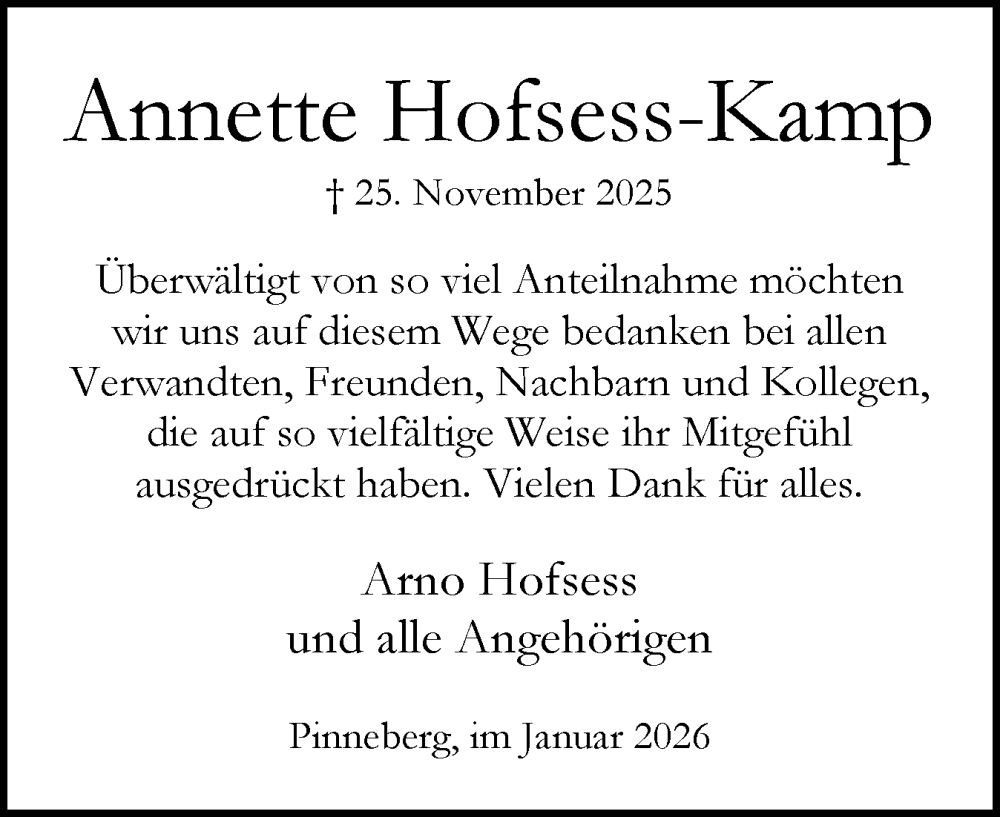  Traueranzeige für Annette Hofsess-Kamp vom 17.01.2026 aus Region Pinneberg und tip Pinneberg