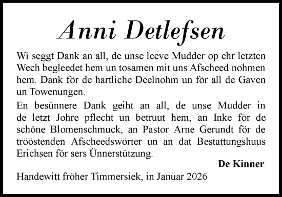 Traueranzeige von Anni Detlefsen von Flensburger Tageblatt