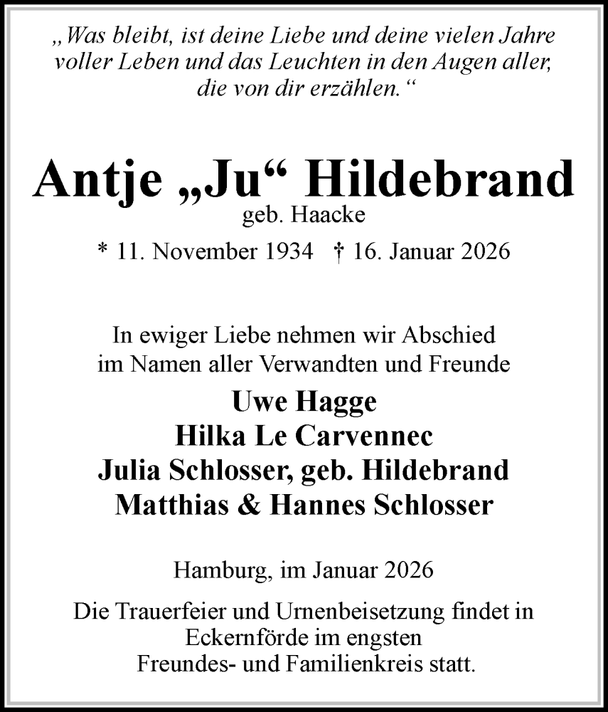 Traueranzeige für Antje Hildebrand vom 31.01.2026 aus Schleswiger Nachrichten, Schlei-Bote, Eckernförder Zeitung