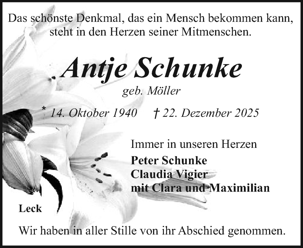  Traueranzeige für Antje Schunke vom 31.01.2026 aus Husumer Nachrichten, Nordfriesland Tageblatt