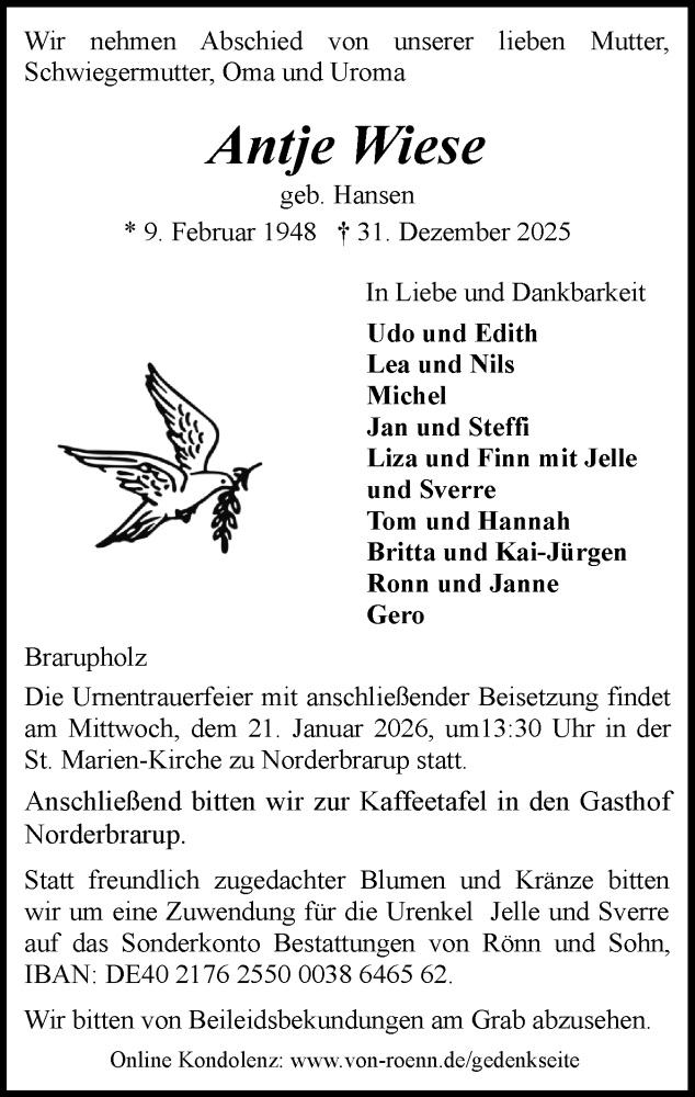  Traueranzeige für Antje Wiese vom 17.01.2026 aus Flensburger Tageblatt, Schleswiger Nachrichten, Schlei-Bote