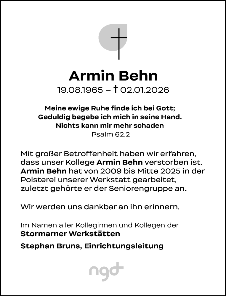  Traueranzeige für Armin Behn vom 10.01.2026 aus Stormarner Tageblatt