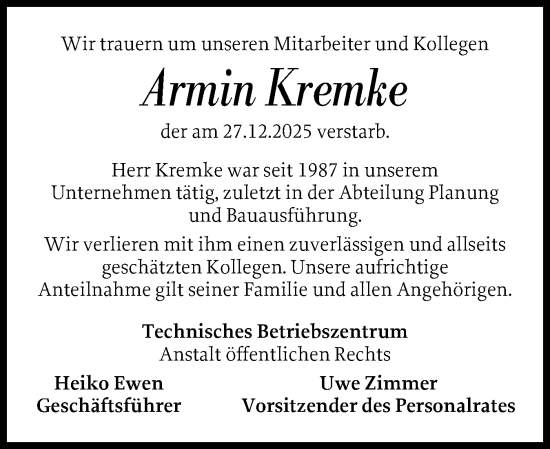Traueranzeige von Armin Kremke von Husumer Nachrichten, Nordfriesland Tageblatt