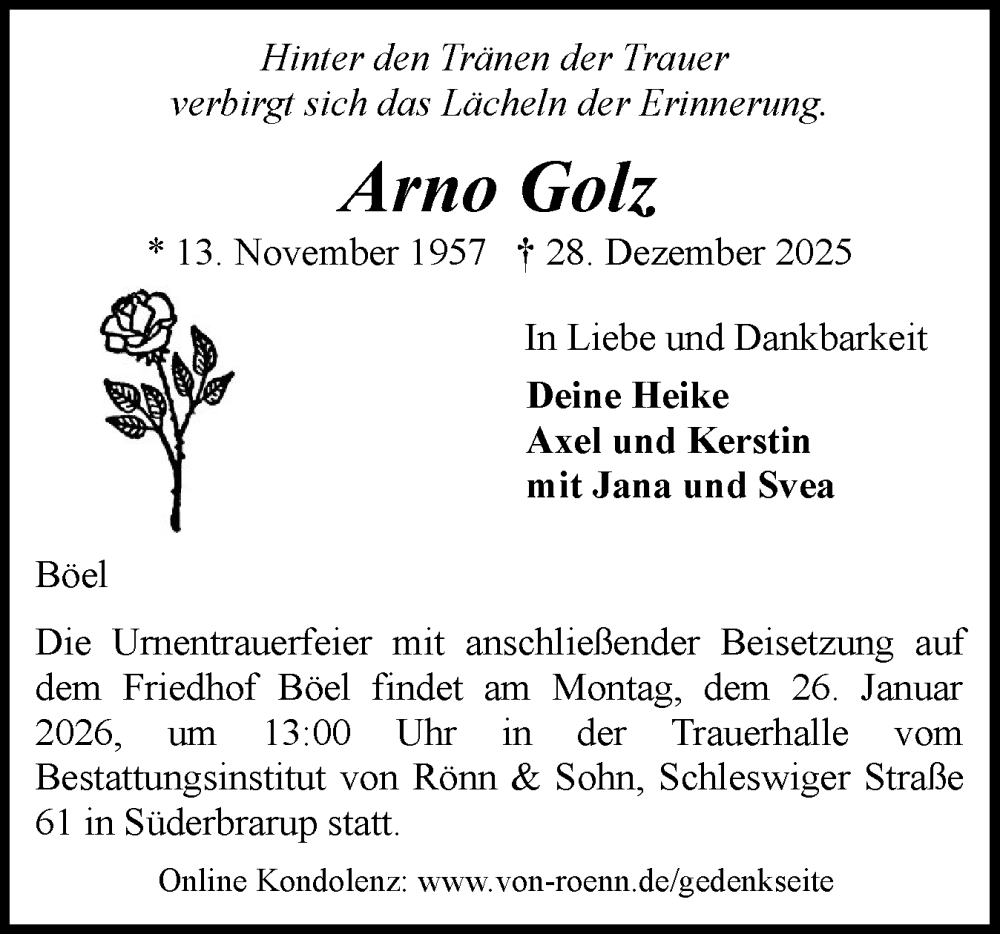  Traueranzeige für Arno Golz vom 17.01.2026 aus Schleswiger Nachrichten, Schlei-Bote