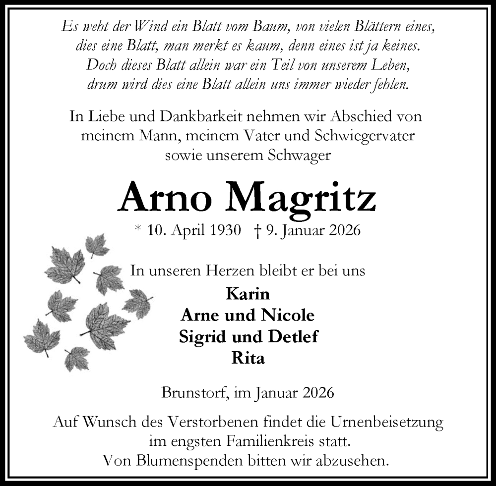  Traueranzeige für Arno Magritz vom 31.01.2026 aus Wochenend Anzeiger