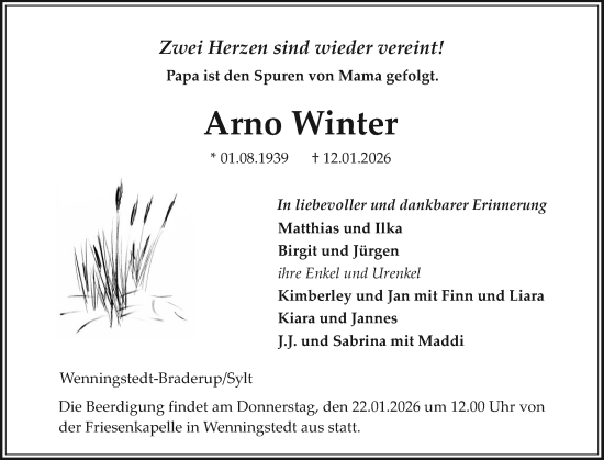 Traueranzeige von Arno Winter von Sylter Rundschau
