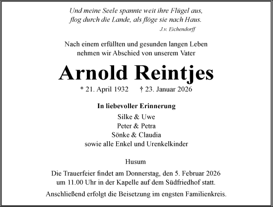 Traueranzeige für Arnold Reintjes vom 31.01.2026