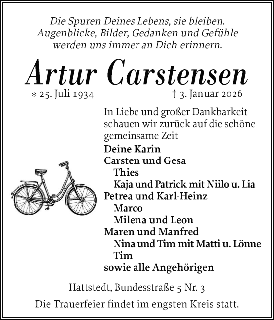Traueranzeige von Artur Carstensen von Husumer Nachrichten, Nordfriesland Tageblatt
