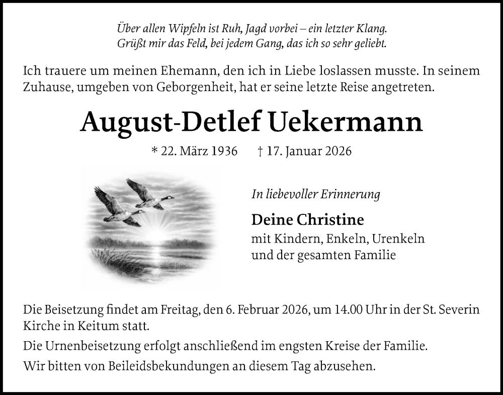  Traueranzeige für August-Detlef Uekermann vom 31.01.2026 aus Sylter Rundschau