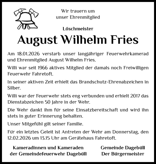 Traueranzeige von August Wilhelm Fries von Husumer Nachrichten, Nordfriesland Tageblatt