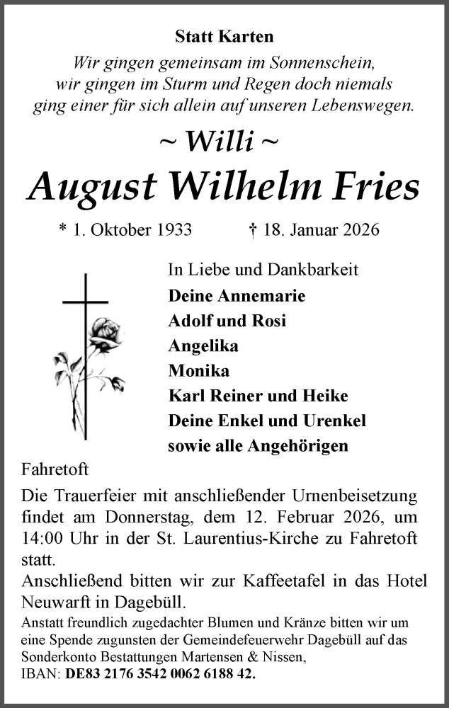  Traueranzeige für August Wilhelm Fries vom 31.01.2026 aus Husumer Nachrichten, Nordfriesland Tageblatt