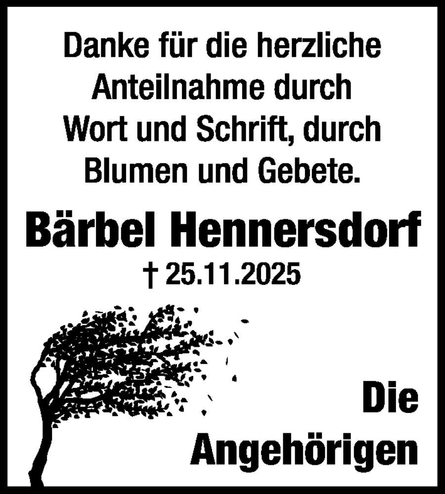  Traueranzeige für Bärbel Hennersdorf vom 17.01.2026 aus Umschau