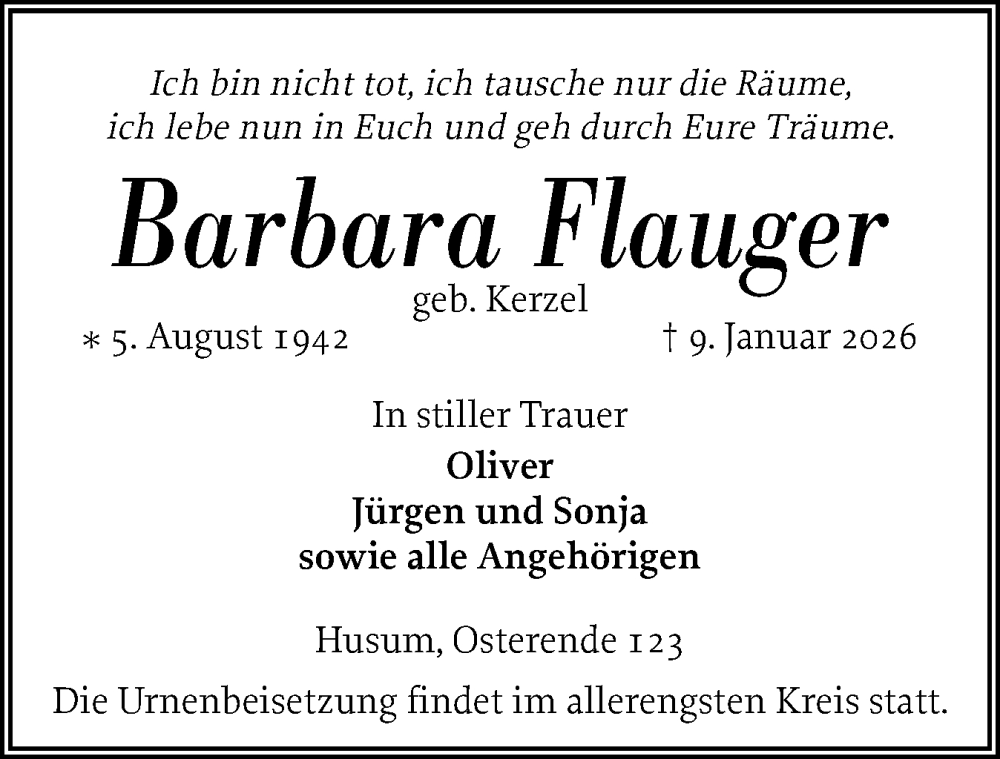  Traueranzeige für Barbara Flauger vom 15.01.2026 aus Husumer Nachrichten, Nordfriesland Tageblatt