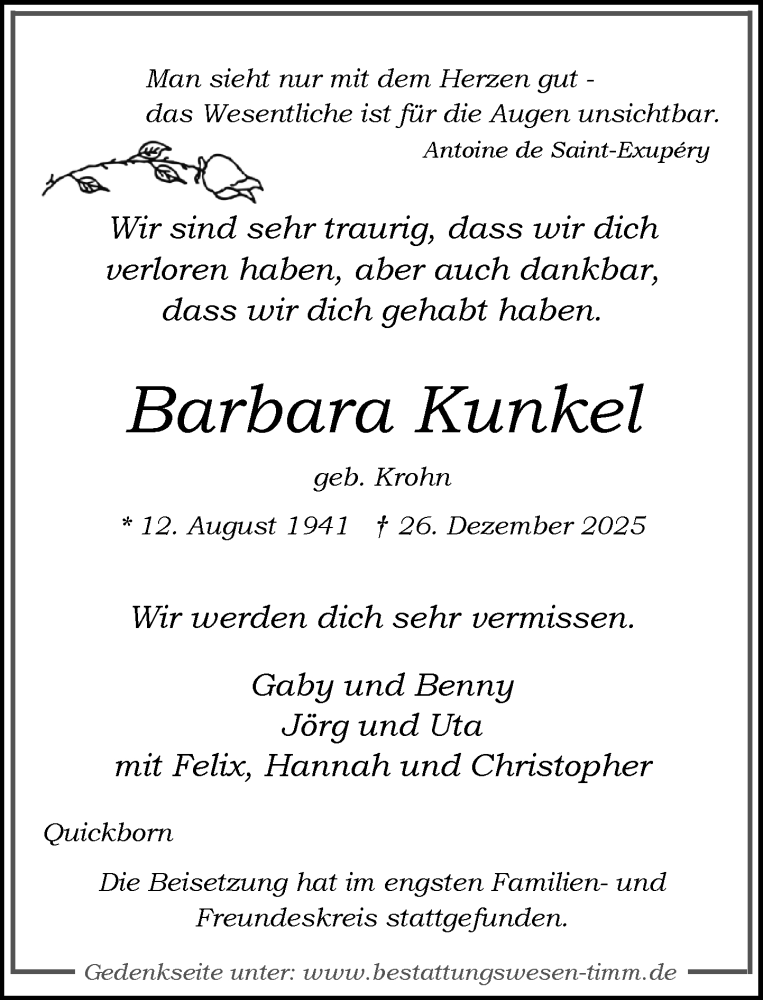  Traueranzeige für Barbara Kunkel vom 10.01.2026 aus Umschau