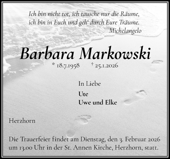 Traueranzeige von Barbara Markowski von Norddeutsche Rundschau, Wilstersche Zeitung, Glückstädter Fortuna
