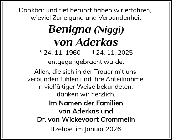 Traueranzeige von Benigna von Aderkas von Norddeutsche Rundschau, Wilstersche Zeitung, Glückstädter Fortuna