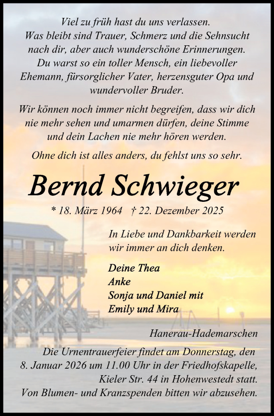Traueranzeige von Bernd Schwieger von Schleswig-Holsteinische Landeszeitung