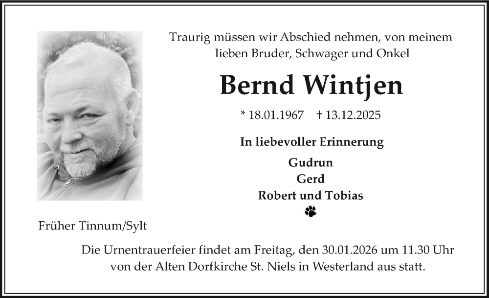  Traueranzeige für Bernd Wintjen vom 24.01.2026 aus Sylter Rundschau
