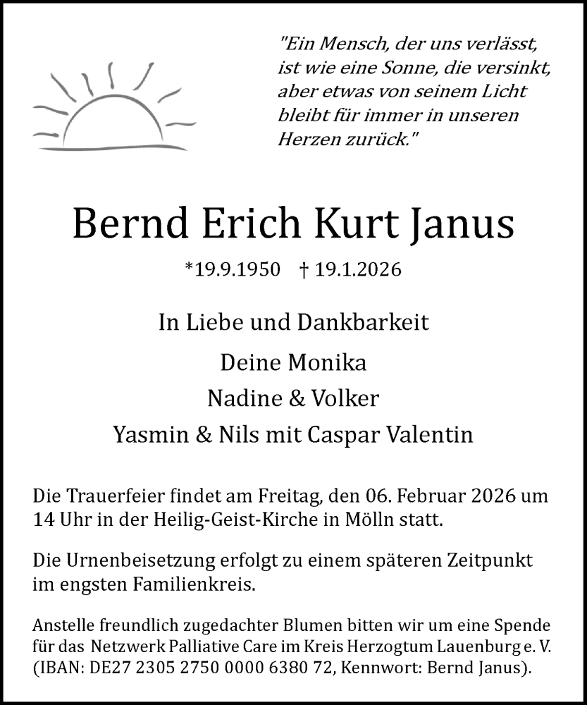  Traueranzeige für Bernd Erich Kurt Janus vom 31.01.2026 aus MARKT Ratzeburg/Mölln