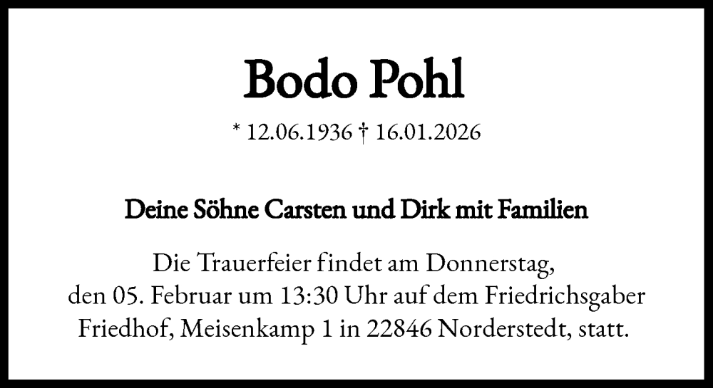  Traueranzeige für Bodo Pohl vom 31.01.2026 aus Heimatspiegel