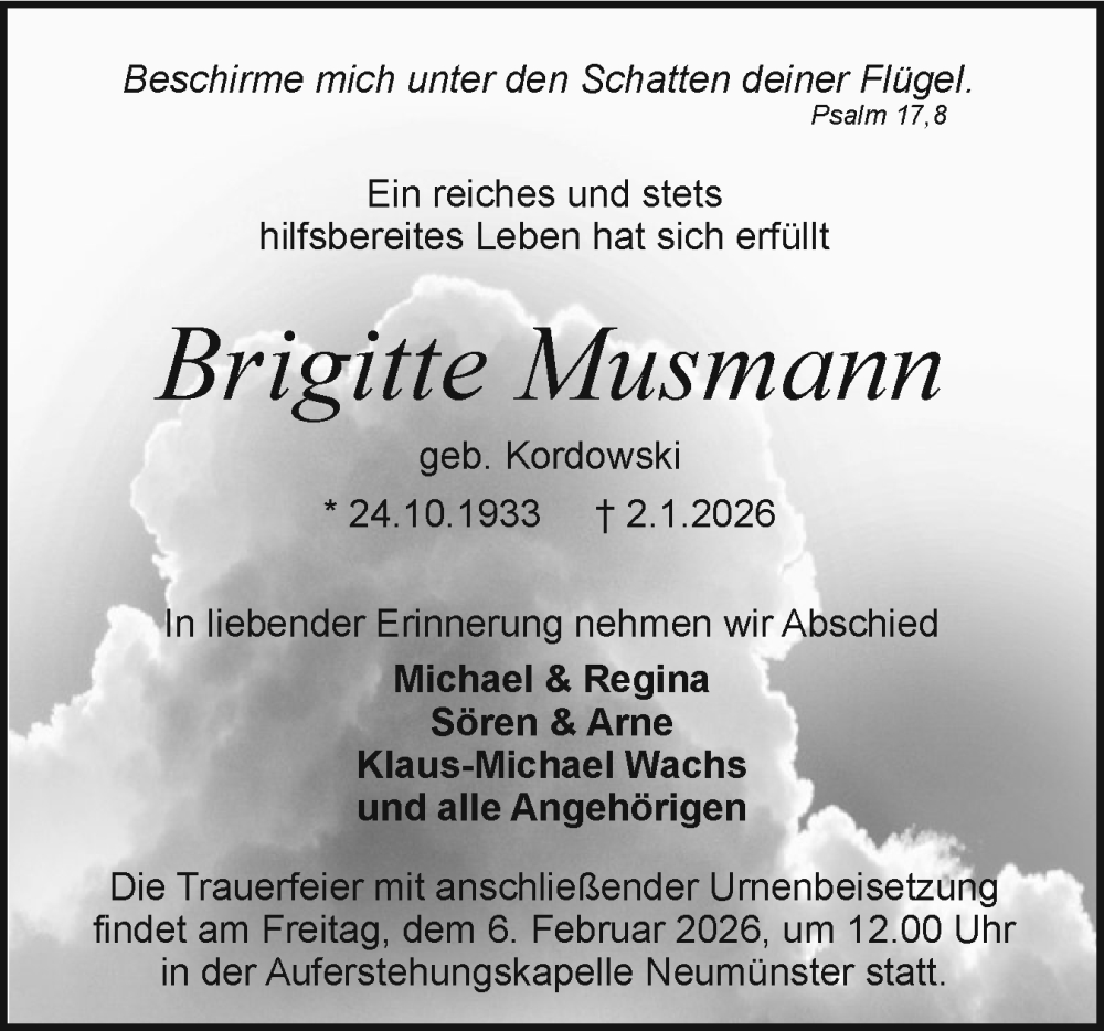  Traueranzeige für Brigitte Musmann vom 17.01.2026 aus Holsteinischer Courier