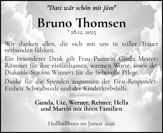 Traueranzeige von Bruno Thomsen von Husumer Nachrichten, Nordfriesland Tageblatt