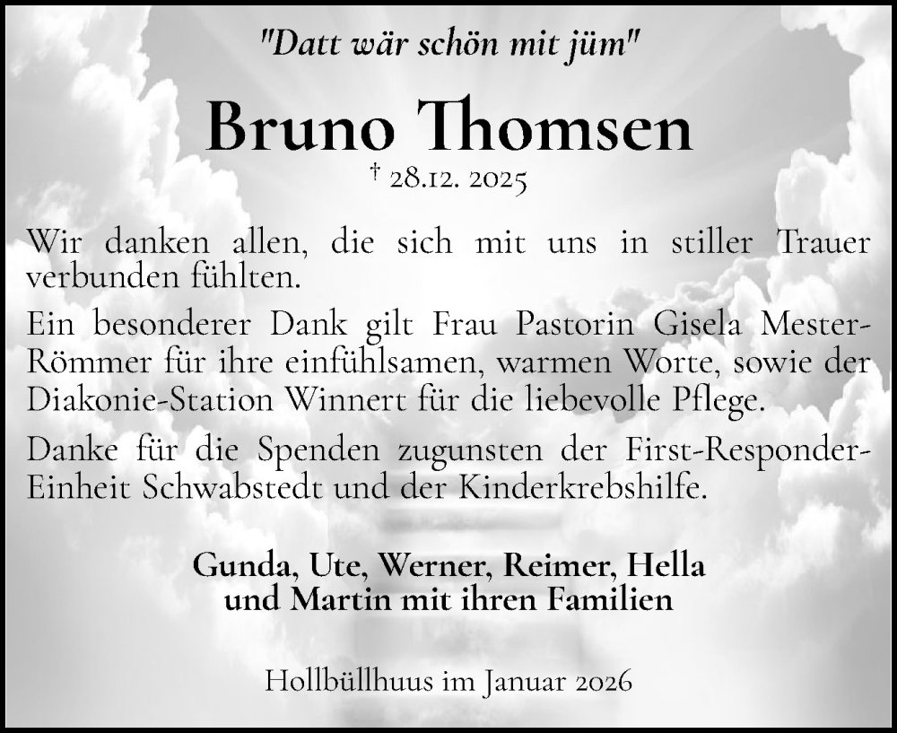 Traueranzeige für Bruno Thomsen vom 31.01.2026 aus Husumer Nachrichten, Nordfriesland Tageblatt