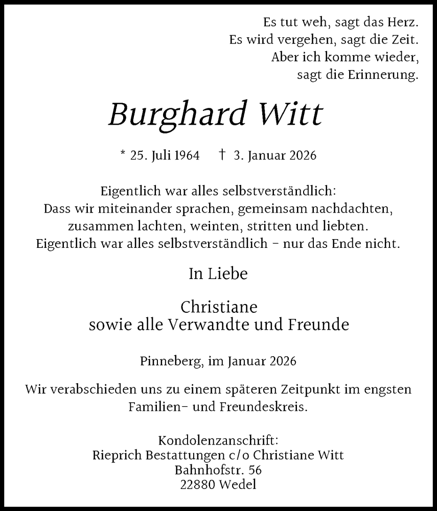  Traueranzeige für Burghard Witt vom 17.01.2026 aus Region Pinneberg und tip Pinneberg