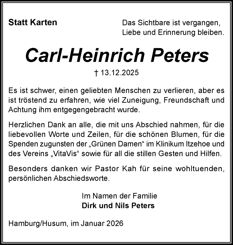  Traueranzeige für Carl-Heinrich Peters vom 17.01.2026 aus Norddeutsche Rundschau, Wilstersche Zeitung, Glückstädter Fortuna
