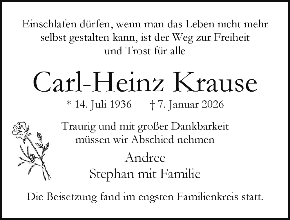  Traueranzeige für Carl-Heinz Krause vom 24.01.2026 aus Region Pinneberg und tip Pinneberg