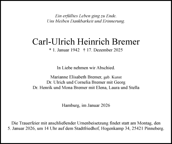 Traueranzeige von Carl-Ulrich Heinrich Bremer von Region Pinneberg und tip Pinneberg