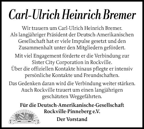 Traueranzeige von Carl-Ulrich Heinrich Bremer von Region Pinneberg und tip Pinneberg