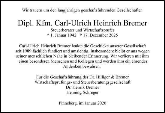 Traueranzeige von Carl-Ulrich Heinrich Bremer von Region Pinneberg und tip Pinneberg