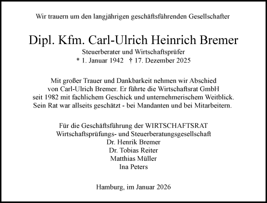 Traueranzeige von Carl-Ulrich Heinrich Bremer von Region Pinneberg und tip Pinneberg