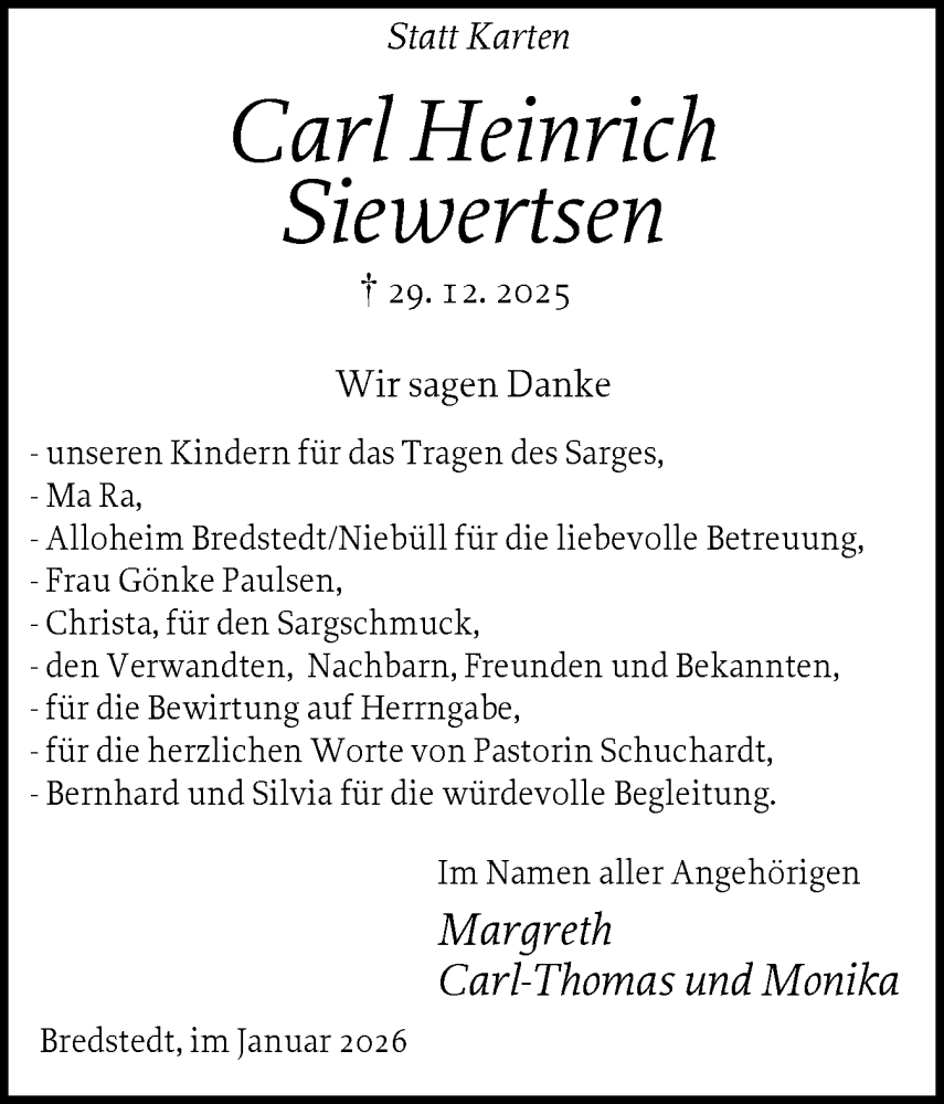  Traueranzeige für Carl Heinrich Siewertsen vom 17.01.2026 aus Husumer Nachrichten, Nordfriesland Tageblatt