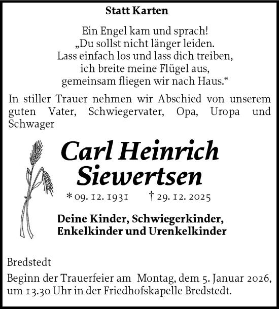 Traueranzeige von Carl Heinrich Siewertsen von Husumer Nachrichten, Nordfriesland Tageblatt