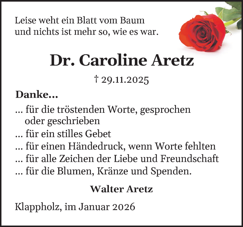  Traueranzeige für Caroline Aretz vom 17.01.2026 aus Schleswiger Nachrichten, Schlei-Bote