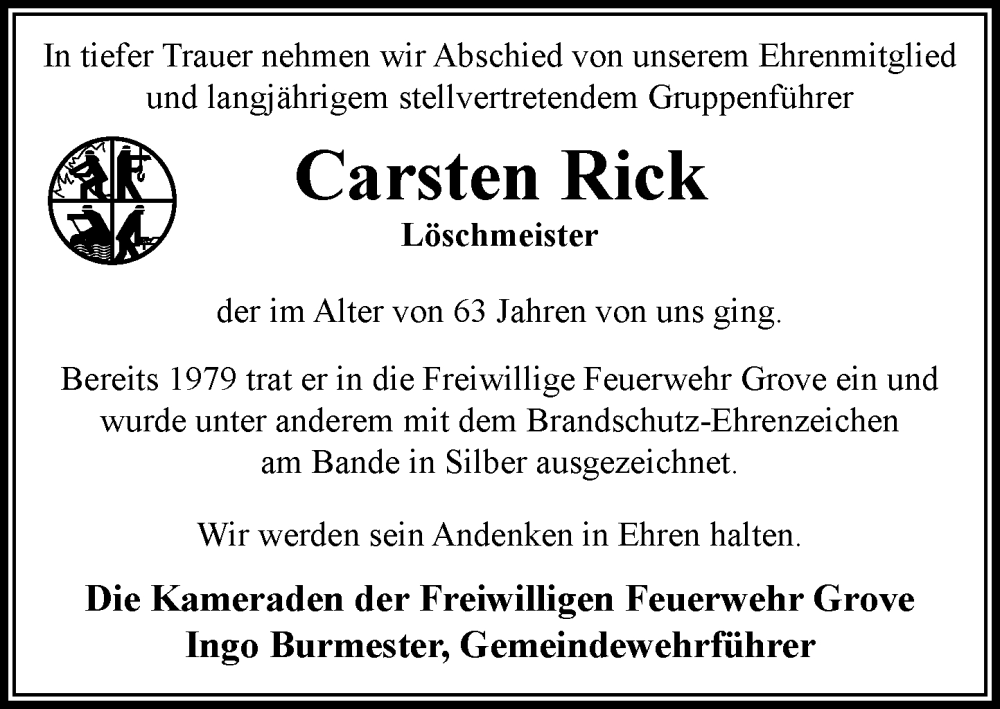  Traueranzeige für Carsten Rick vom 10.01.2026 aus Wochenend Anzeiger